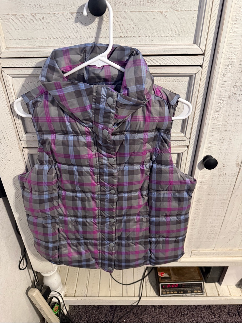 Old Navy Gray & Purple Plaid Puffer Vest